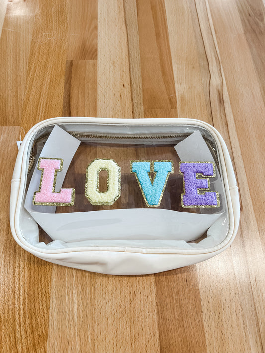 Varsity Letter Patch Clear Pouch Bag- Tan Love