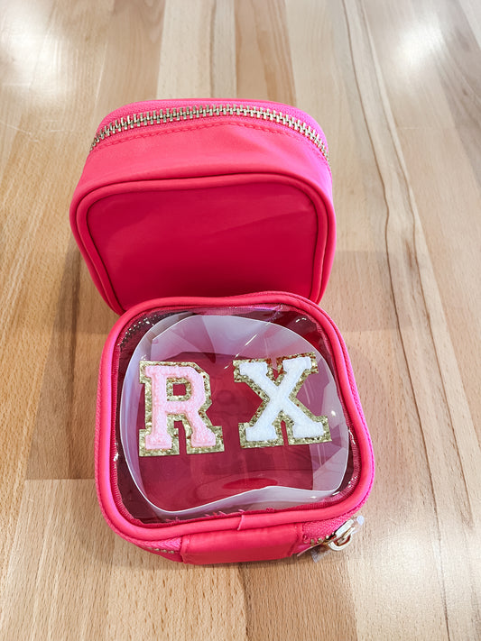 Varsity Letter Patch Clear Pouch Bag- Pink RX (Pink + White Letters)