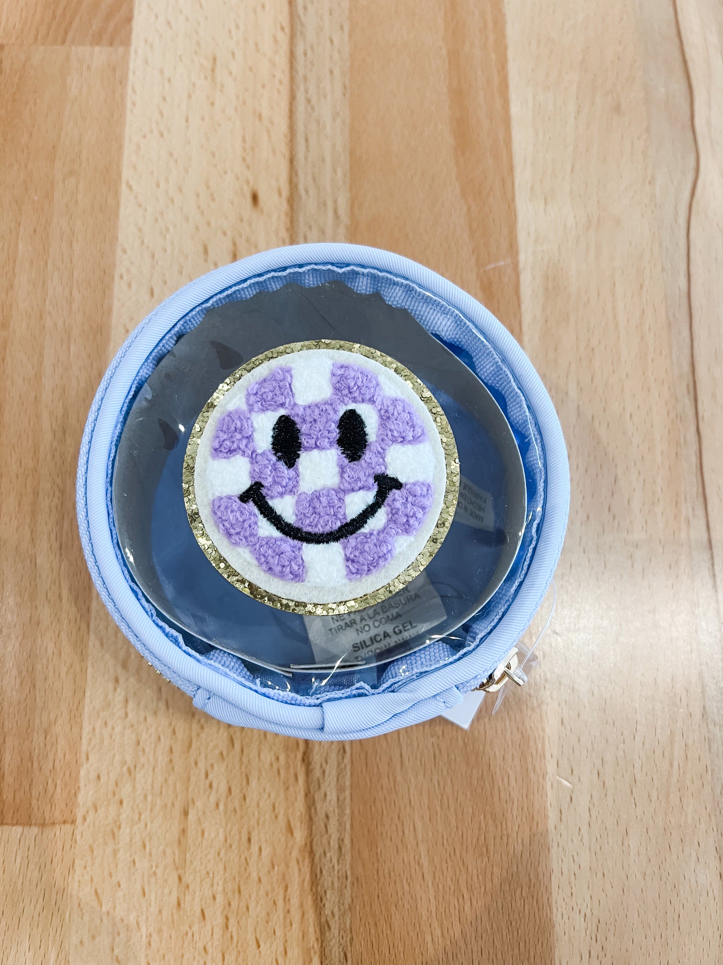 Varsity Letter Patch Clear Pouch Bag- Purple Smiley