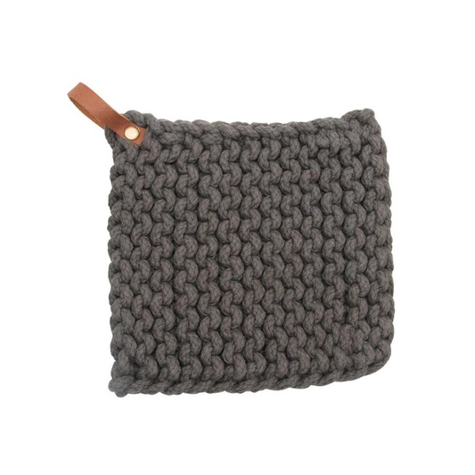 Crocheted Pot Holder W/ Leather Loop- Grey