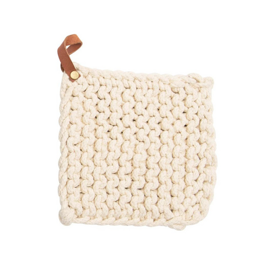 Crocheted Pot Holder W/ Leather Loop- Cream