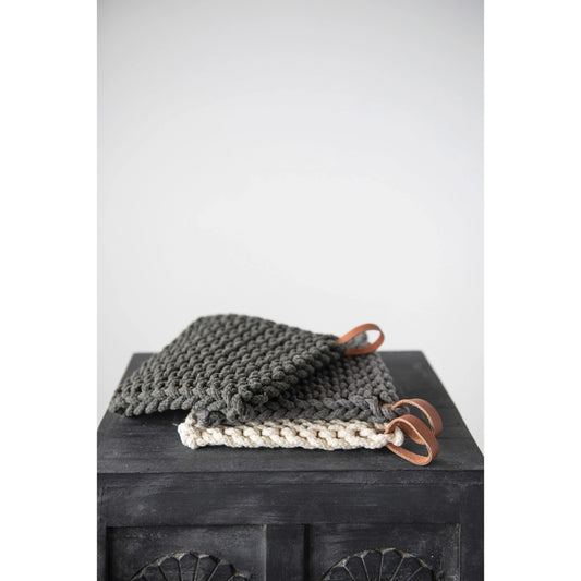 Crocheted Pot Holder W/ Leather Loop- Black